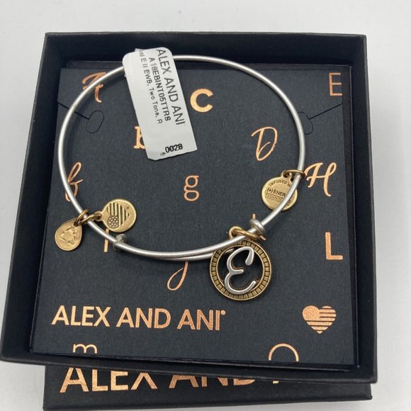 Alex and Ani Initial E Two Tone Russian Silver Bangle New W/ Tag Card & Box - Picture 1 of 7